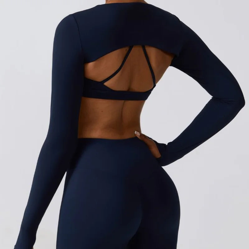 Long-sleeve cutout workout set in navy blue colorway
