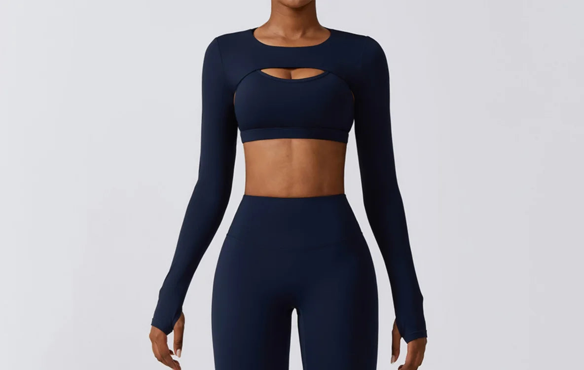 Long-sleeve cutout workout set in green colorway