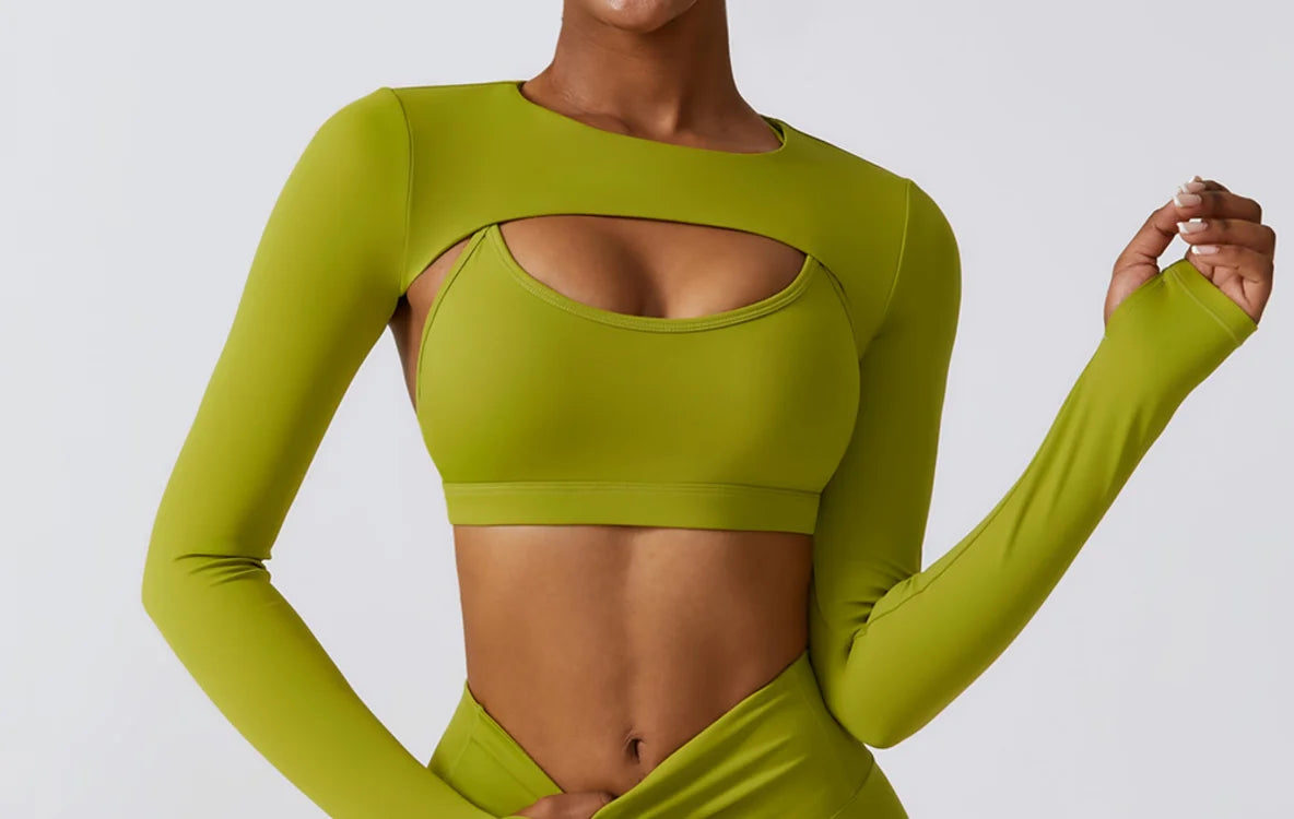 Built-in shelf bra detail inside long-sleeve cropped workout top