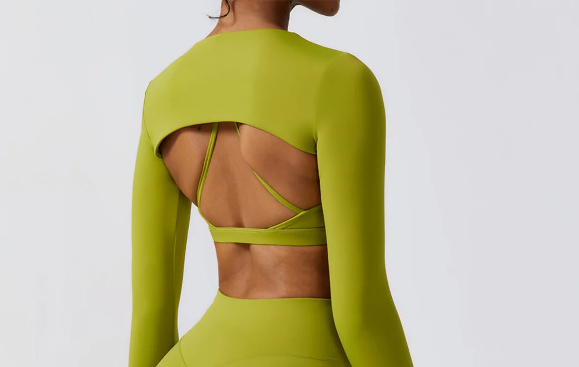 Long-sleeve cutout crop top and high-waist leggings set, back view
