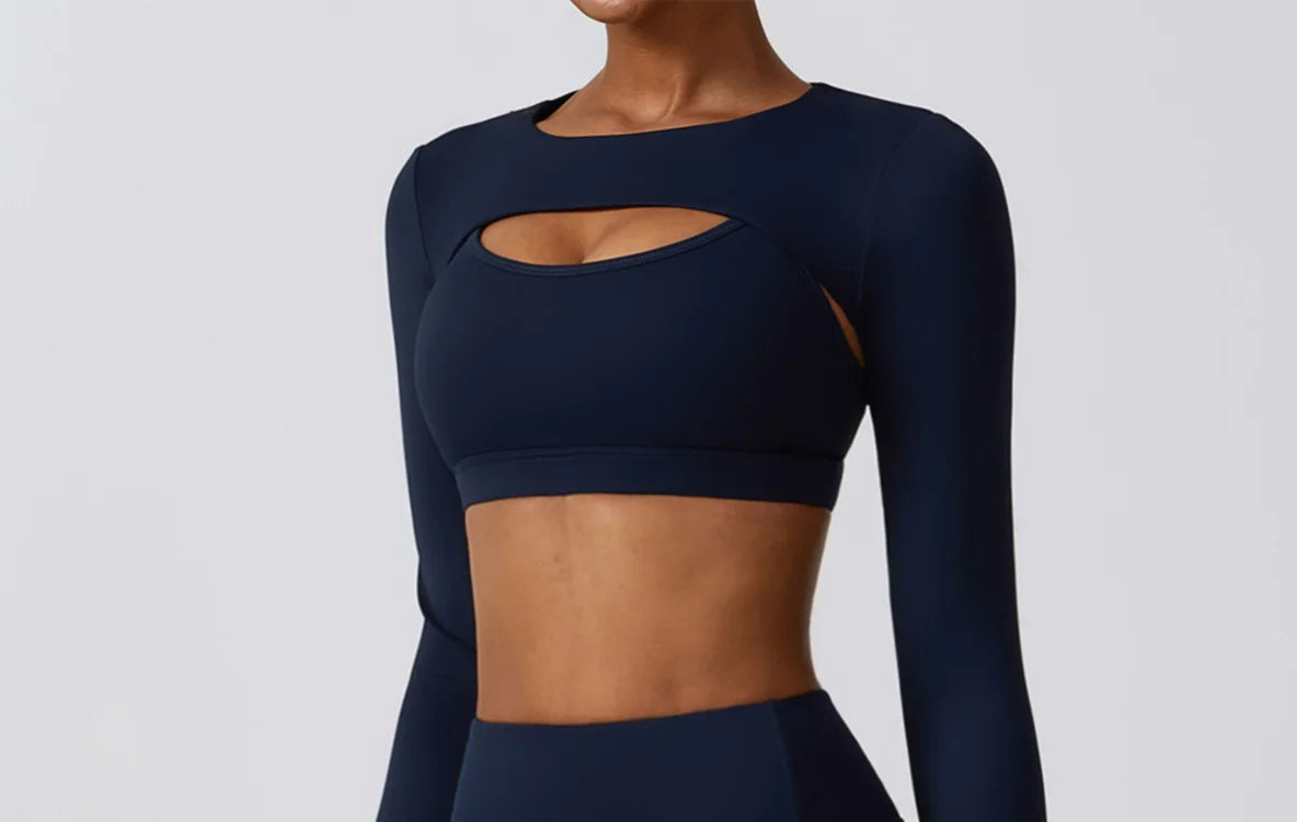 Woman stretching in the seamless long-sleeve activewear set