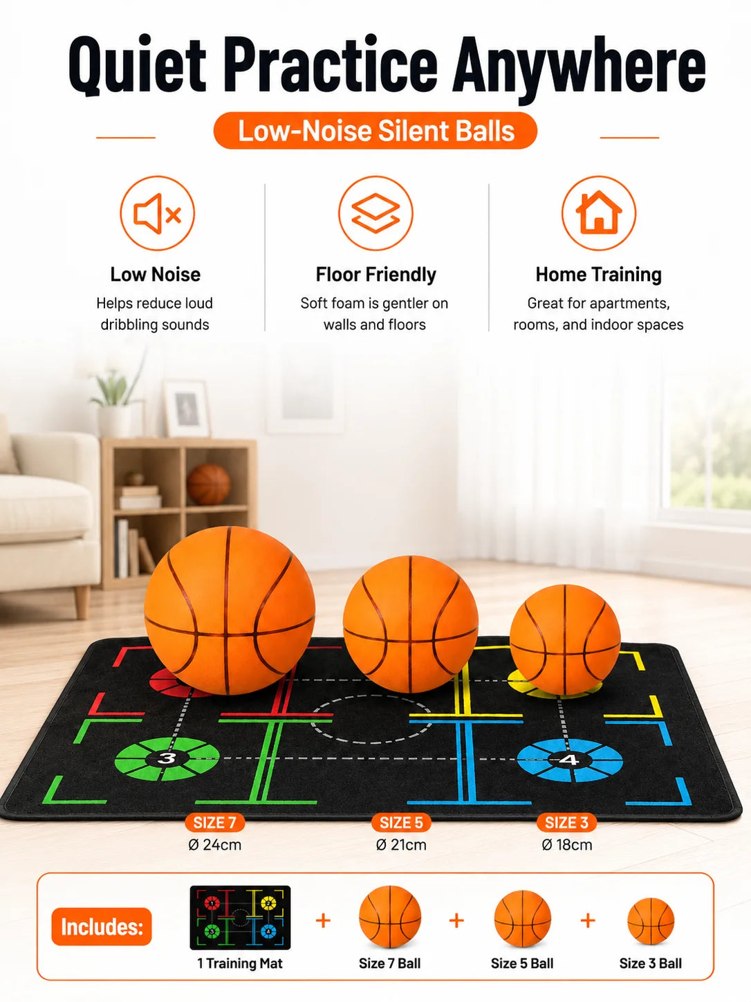 Basketball Training Mat &amp; Silent Ball Set