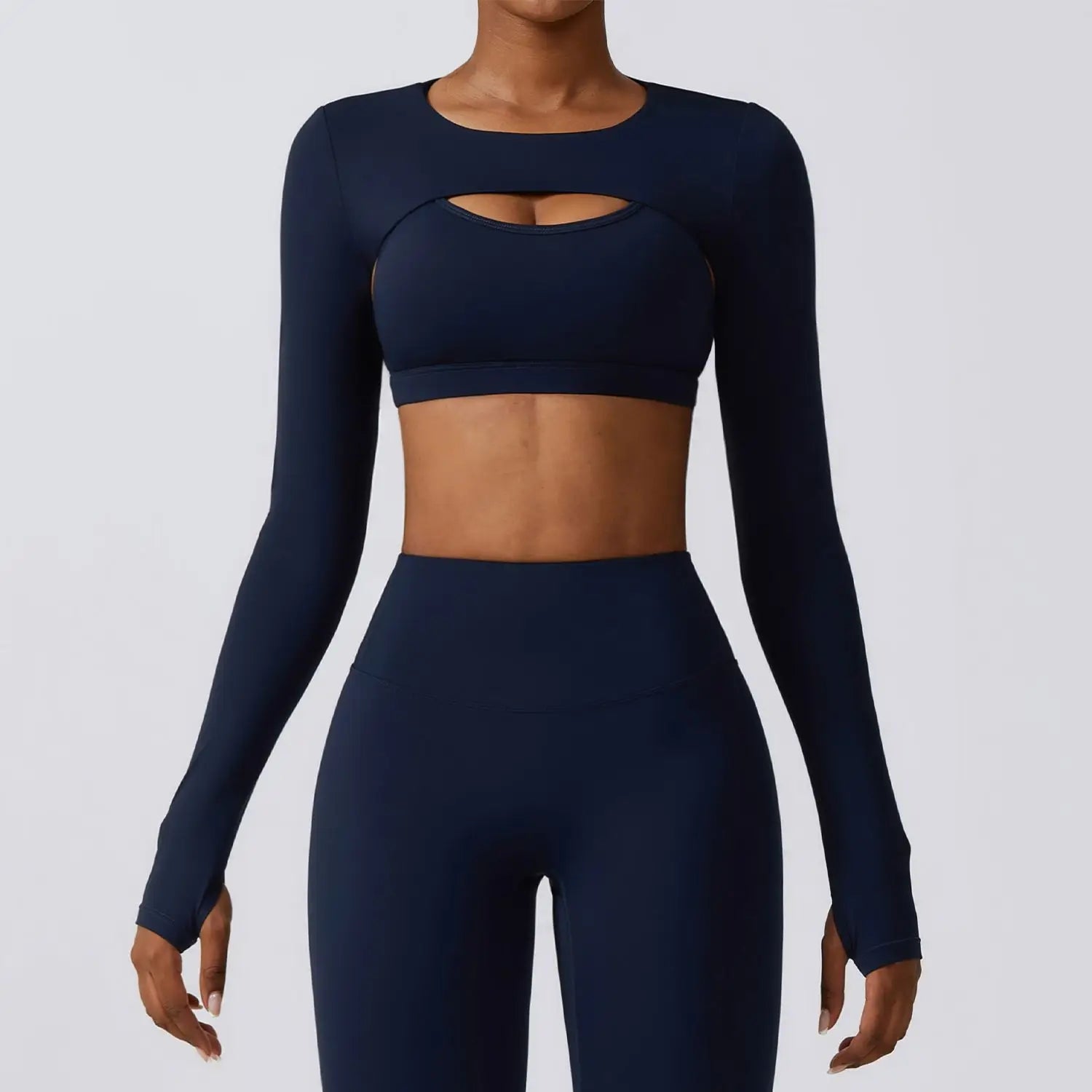 Long-sleeve cutout activewear set shown in all three available colors