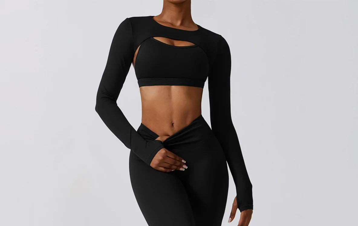 Long-sleeve cutout workout set shown in a full-body front pose