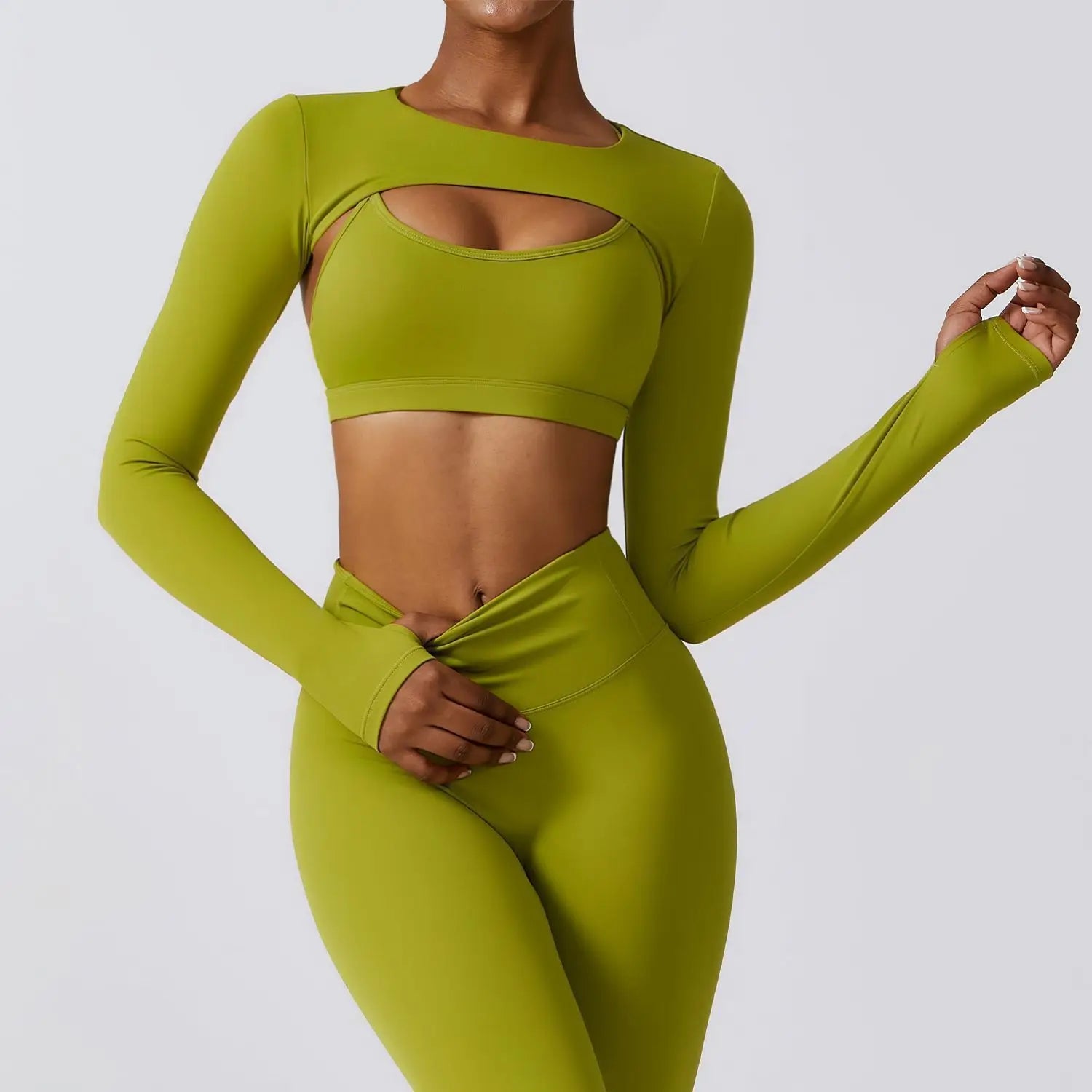 Close-up of thumbhole cuff detail on long-sleeve workout top