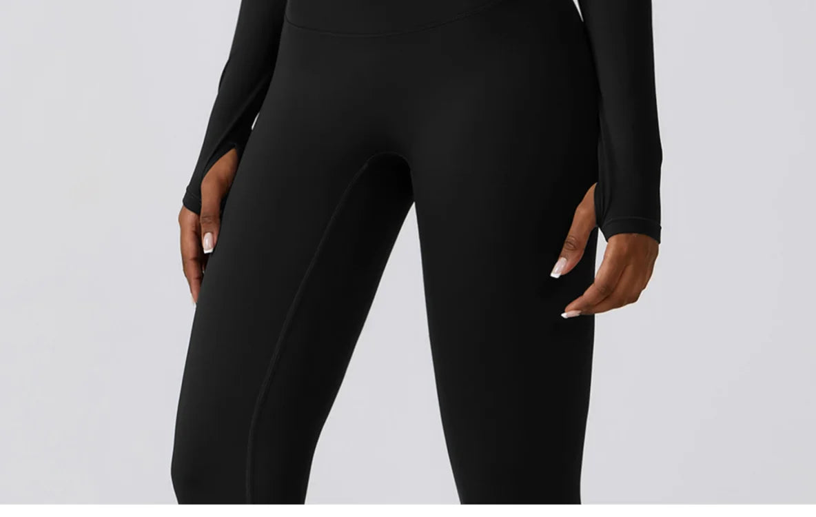 Model showing size and fit of the high-waist leggings