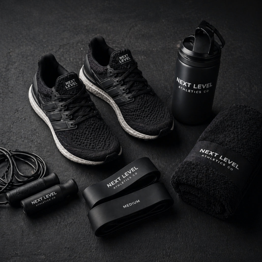 Black athletic shoes, water bottle, resistance bands, and towel with 'Next Level Athletics Co' branding on a dark surface.