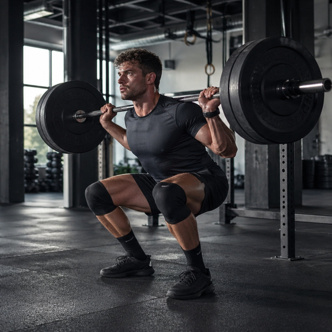 Man performing a barbell squat in a gym setting