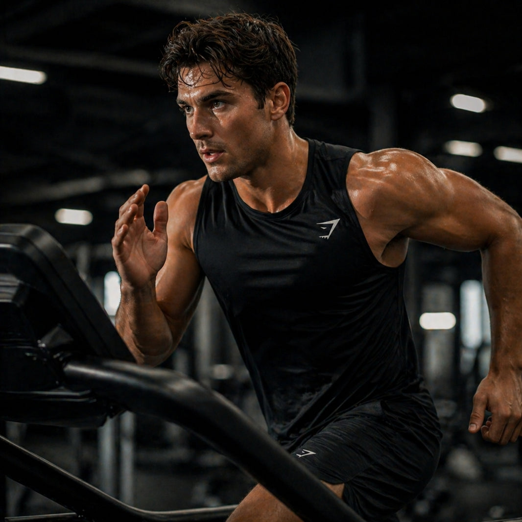 Muscular man exercising in a gym wearing a black tank top.