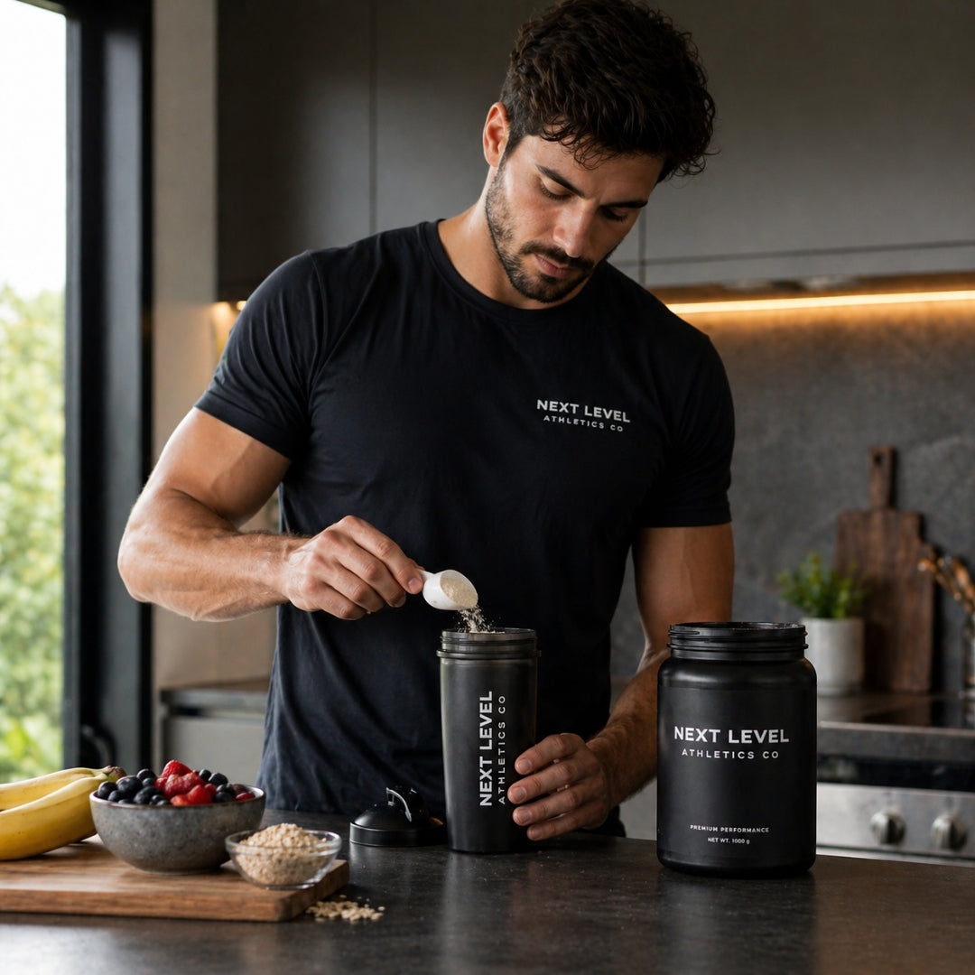 Man preparing a supplement shake with Next Level Athletics Co products in a kitchen.