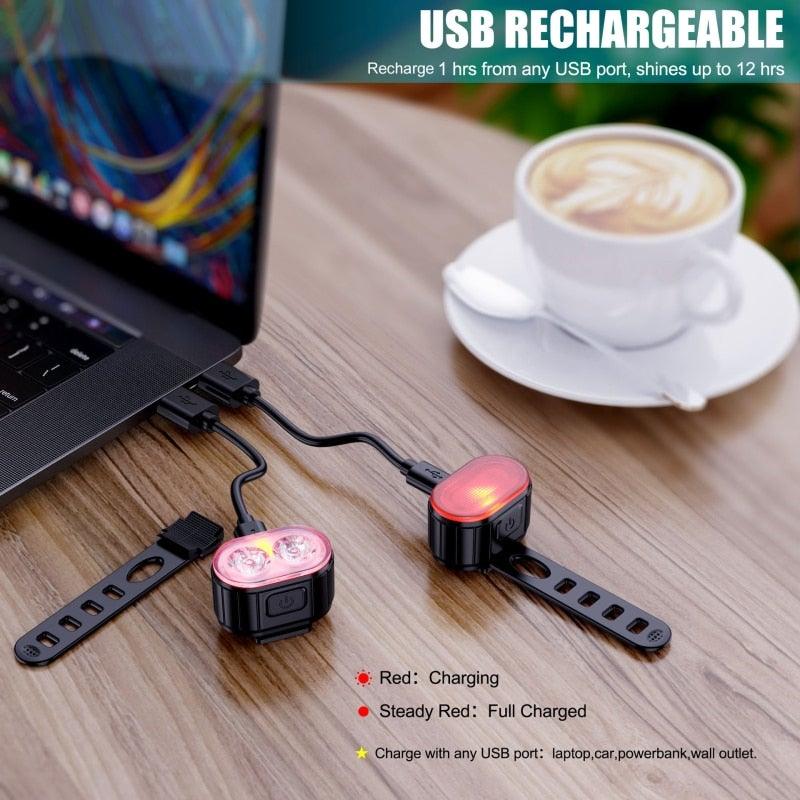 Rechargeable LED Bicycle Headlight Taillight Set With Waterproof Cycling Illumination Features