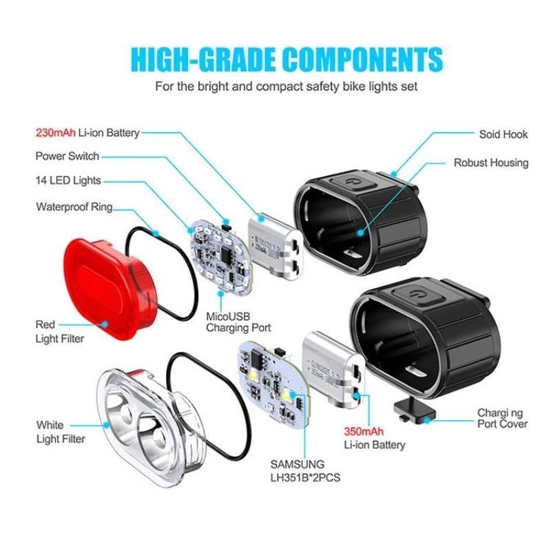 Rechargeable LED Bicycle Headlight Taillight Set With Waterproof Cycling Illumination Features