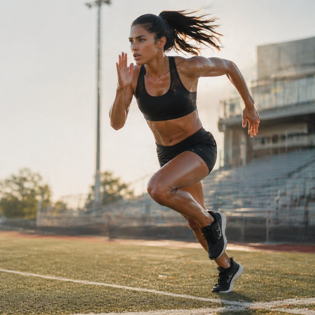 Woman running on a sports field with stadium seats in the background