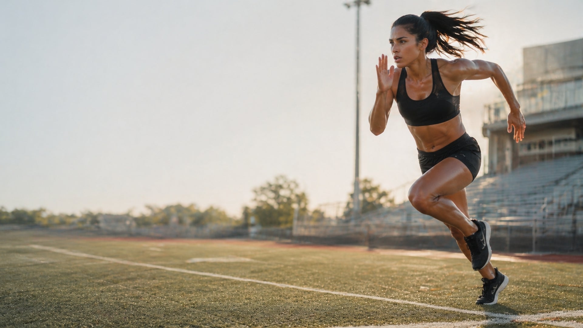 Woman running on a track field with stadium in the background